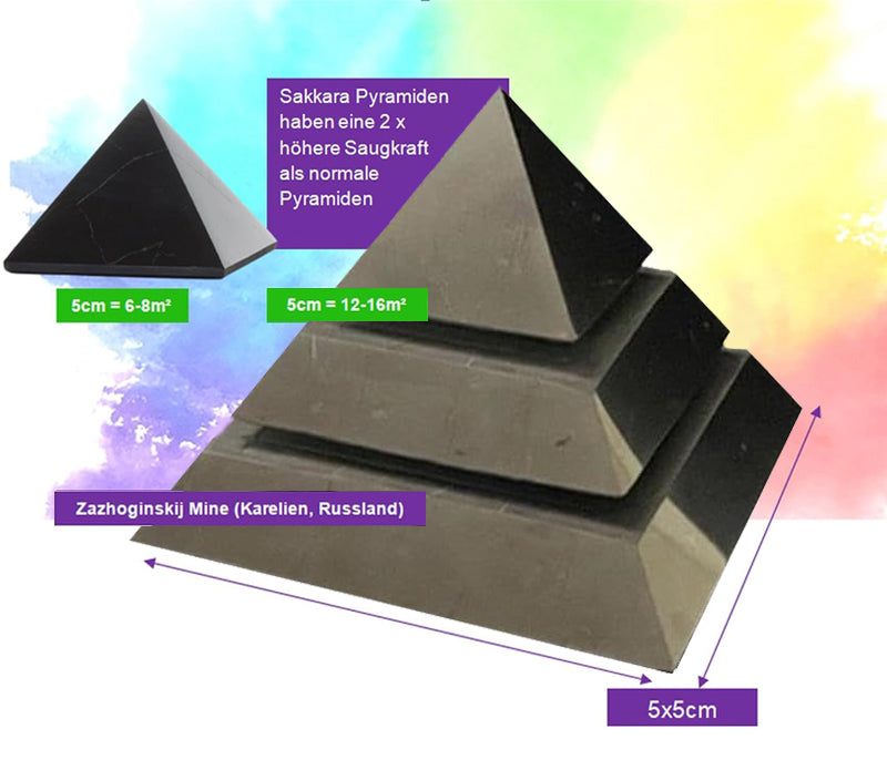 Schungit "SAKKARA" Pyramide 5cm poliert 3-tlg SET "Heilungspyramide" KRAFT DES SCHUNGIT für Strahlen Schutz - Handy - Meditation - Selbstschutz - Schutzschild - Negative Energie abwehren.