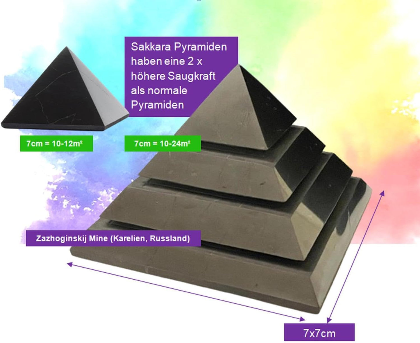 Schungit "SAKKARA" Pyramide 7cm poliert 3-tlg SET "Heilungspyramide" KRAFT DES SCHUNGIT für Strahlen Schutz - Handy - Meditation - Selbstschutz - Schutzschild - Negative Energie abwehren.