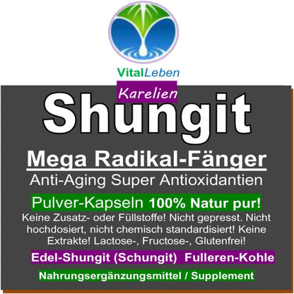 SCHUNGIT Edel Shungit 180 Pulver Kapseln. Mikrofeine Premium Qualität aus Karelien. NATUR PUR - OHNE ZUSATZSTOFFE - OHNE FÜLLSTOFFE. Abgefüllt in Deutschland.