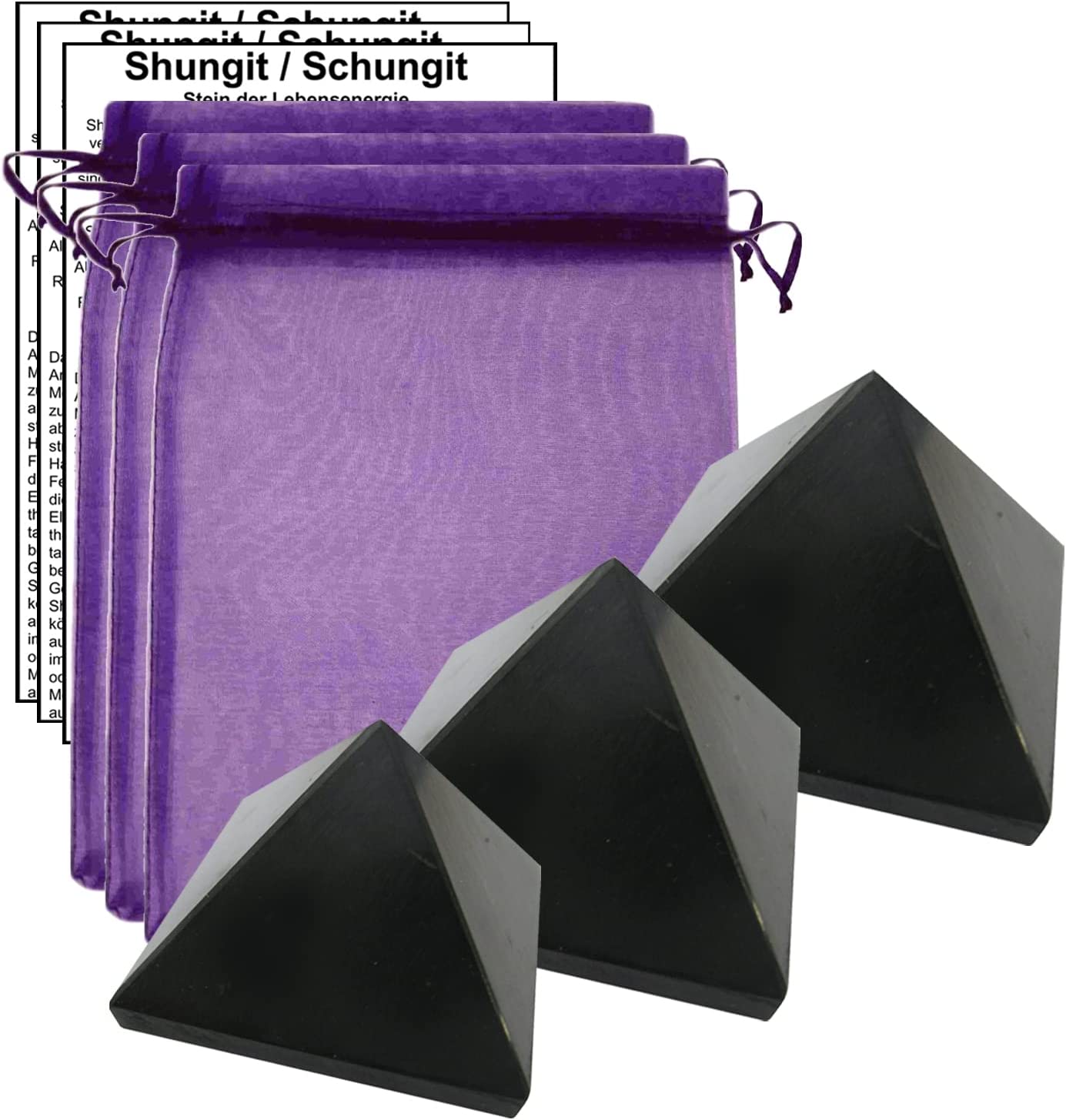 Schungit (Shungite) 3 x PYRAMIDE 3x3cm, 3x3cm, 4x4cm [9-tlg Set[ AKTIV SCHUTZ gegen negative Energie + Harmonie + Schutz. 3x TÄSCHCHEN. 3x BESCHREIBUNG.