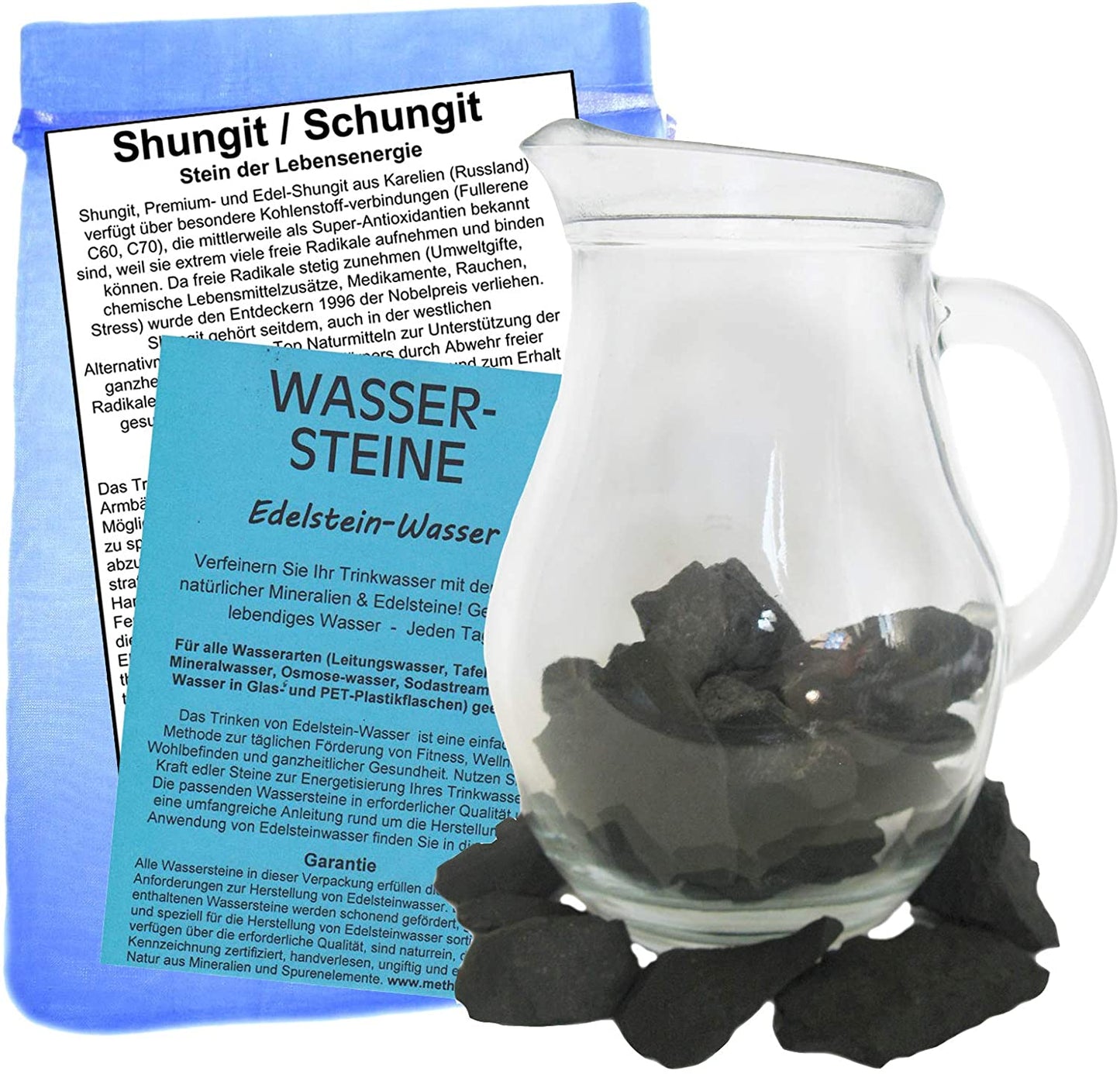 SCHUNGIT (Schungit) WASSERSTEINE für EDELSTEINWASSER - EDELSTEINE zum WASSER energetisieren mit 1L Glaskrug. 4-tlg SET mit ANLEITUNG.