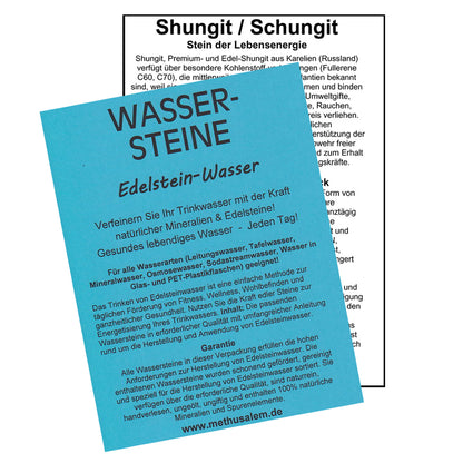 SCHUNGIT Shungit Wassersteine für EDELSTEINWASSER 300g Edelsteine. 4-tlg Set zur Wasseraufbereitung und Wasserenergetisierung für Lebensenergie + Vitalität & HARMONIE + 1,0L Glaskrug + BUCH.