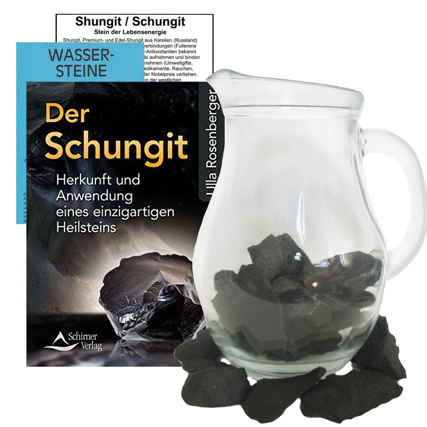 SCHUNGIT Shungit Wassersteine für EDELSTEINWASSER 300g Edelsteine. 4-tlg Set zur Wasseraufbereitung und Wasserenergetisierung für Lebensenergie + Vitalität & HARMONIE + 1,0L Glaskrug + BUCH.